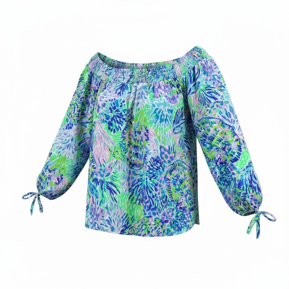 Lilly Pulitzer Womens Off The Shoulder Floral Blouse Blue Green Tie Sleeve XL